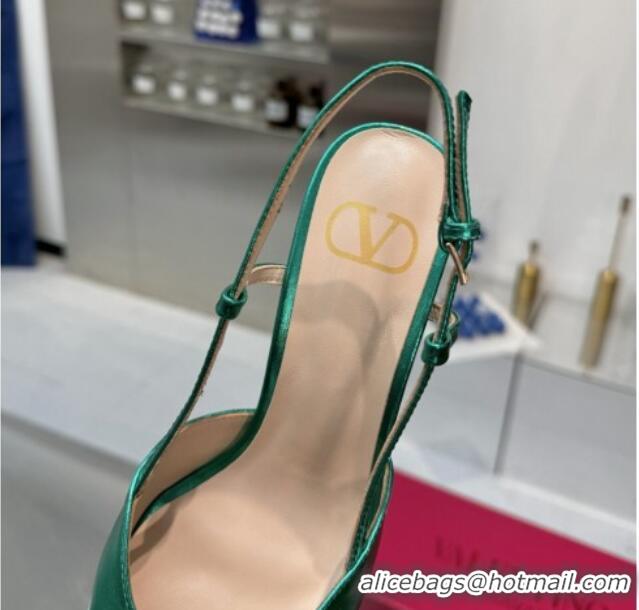 Luxury Discount Valentino Metallic Calfskin Slingback Pumps 8cm with Strass Green 1226010