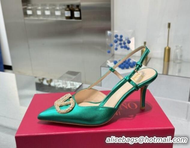 Luxury Discount Valentino Metallic Calfskin Slingback Pumps 8cm with Strass Green 1226010