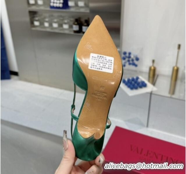 Luxury Discount Valentino Metallic Calfskin Slingback Pumps 8cm with Strass Green 1226010