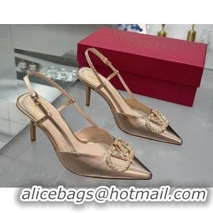 Luxurious Valentino Metallic Calfskin Slingback Pumps 8cm with Strass Rose Gold 1226011