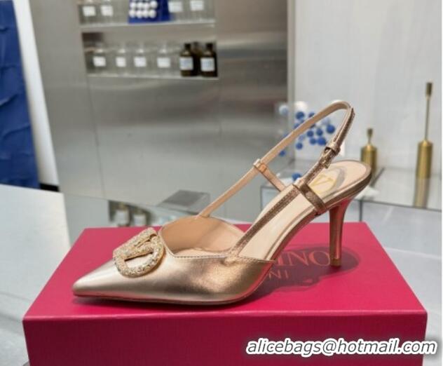 Luxurious Valentino Metallic Calfskin Slingback Pumps 8cm with Strass Rose Gold 1226011