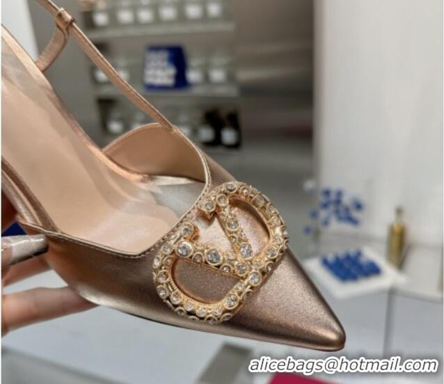 Luxurious Valentino Metallic Calfskin Slingback Pumps 8cm with Strass Rose Gold 1226011