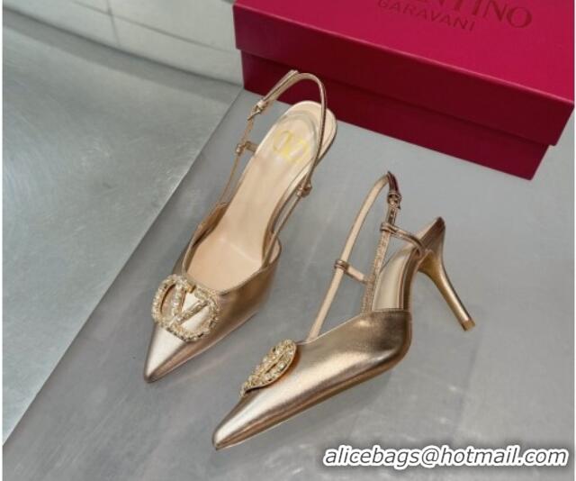 Luxurious Valentino Metallic Calfskin Slingback Pumps 8cm with Strass Rose Gold 1226011