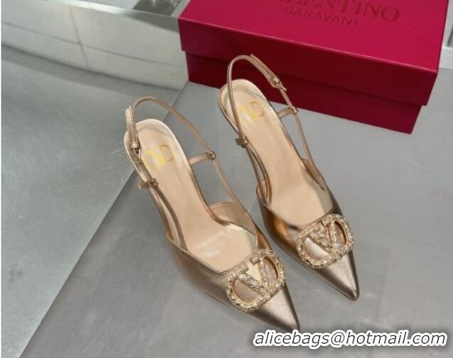 Luxurious Valentino Metallic Calfskin Slingback Pumps 8cm with Strass Rose Gold 1226011