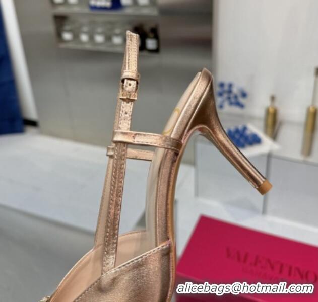 Luxurious Valentino Metallic Calfskin Slingback Pumps 8cm with Strass Rose Gold 1226011