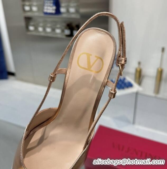 Luxurious Valentino Metallic Calfskin Slingback Pumps 8cm with Strass Rose Gold 1226011