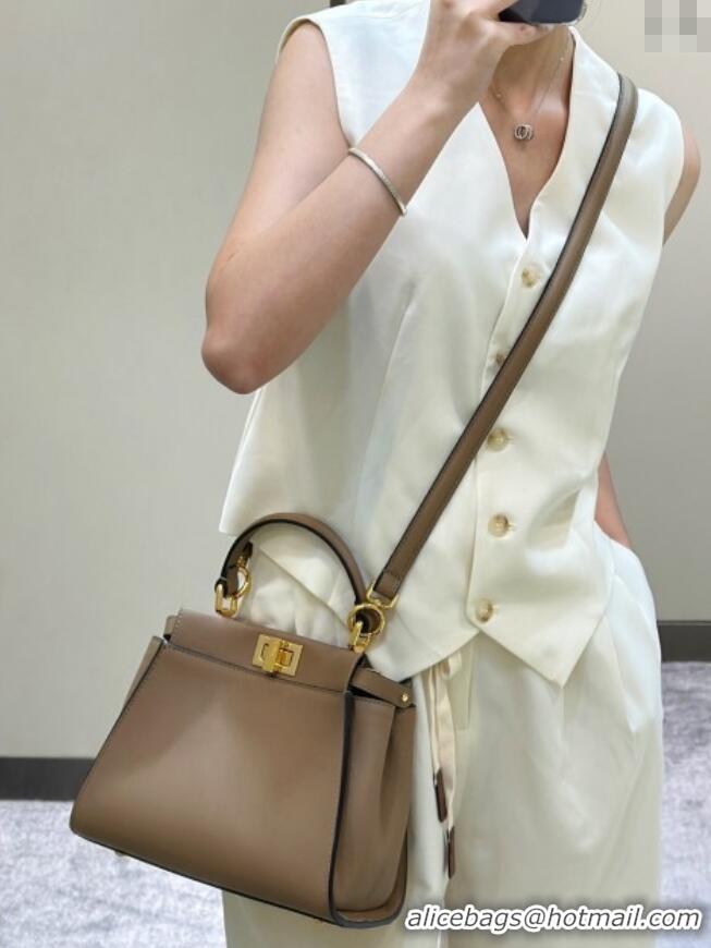 Classic Fendi Peekaboo Mini Bag in Calfskin Leather 2125 Light Brown 2025 Top Quality