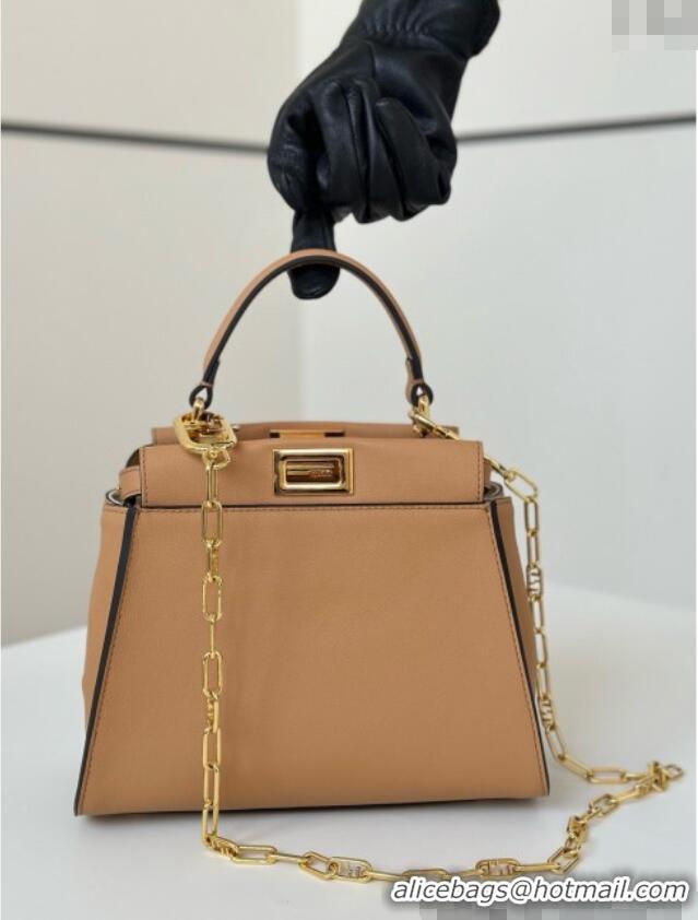 New Design Fendi Peekaboo Mini Bag in Calfskin Leather 2125 Milky Tea Beige 2025 Top Quality