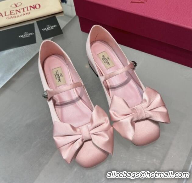 Luxurious Valentino Bowjane Mary-Janes Ballerinas Flat in Crepe Fabric with Bow Light Pink 1226024