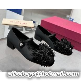 Popular Style Valentino Bowjane Mary-Janes Ballerinas Flat in Satin with Bow and Fringe Black 1226026