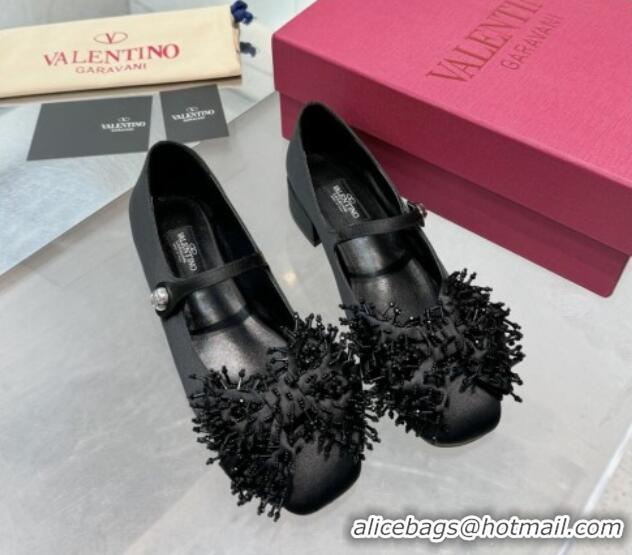 Popular Style Valentino Bowjane Mary-Janes Ballerinas Flat in Satin with Bow and Fringe Black 1226026