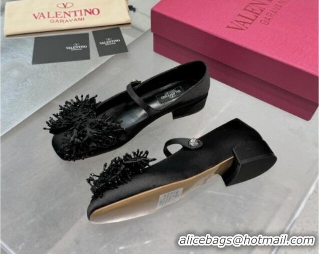 Popular Style Valentino Bowjane Mary-Janes Ballerinas Flat in Satin with Bow and Fringe Black 1226026