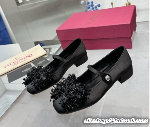 Popular Style Valentino Bowjane Mary-Janes Ballerinas Flat in Satin with Bow and Fringe Black 1226026