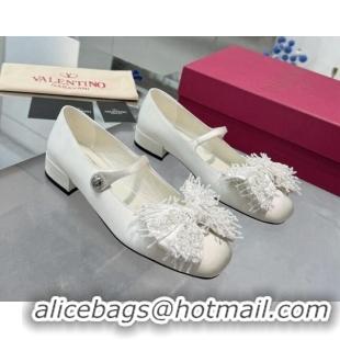 Purchase Valentino Bowjane Mary-Janes Ballerinas Flat in Satin with Bow and Fringe White 1226027