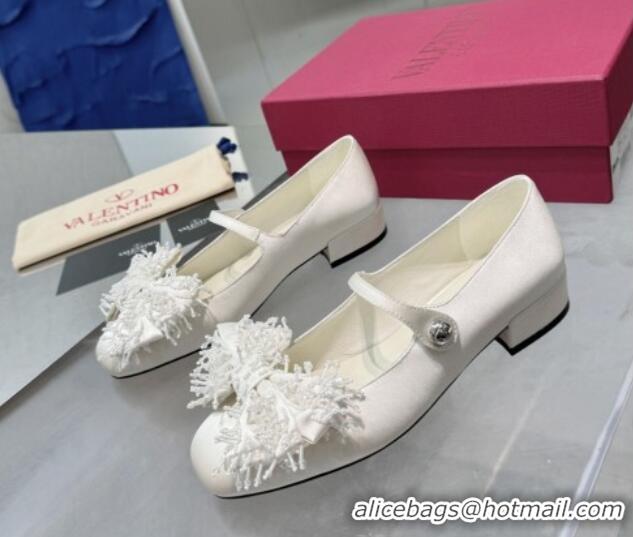 Purchase Valentino Bowjane Mary-Janes Ballerinas Flat in Satin with Bow and Fringe White 1226027