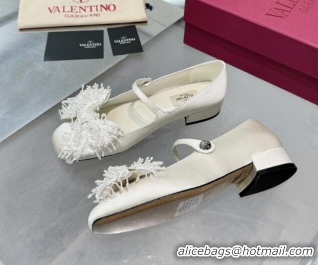 Purchase Valentino Bowjane Mary-Janes Ballerinas Flat in Satin with Bow and Fringe White 1226027