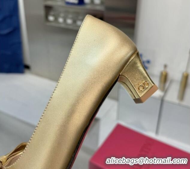 Good Product Valentino Bowow Low Heel Pumps 5cm in Calfskin Leather Gold 1226030