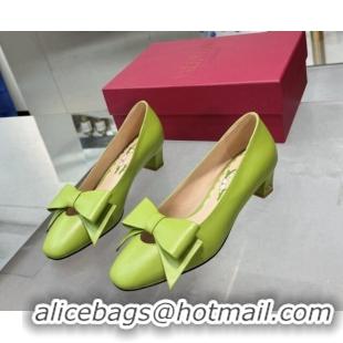 Luxury Cheap Valentino Bowow Low Heel Pumps 5cm in Calfskin Leather Green 1226032