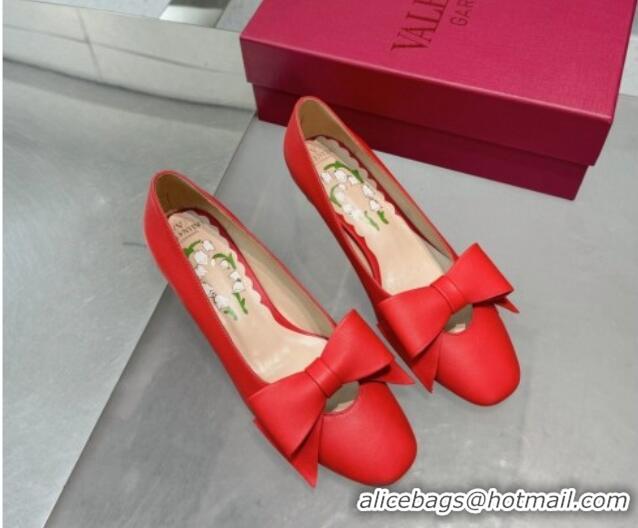 Stylish Valentino Bowow Low Heel Pumps 5cm in Calfskin Leather Red 1226035