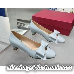 Duplicate Valentino Bowow Low Heel Pumps 5cm in Calfskin Leather Pale Blue 1226036