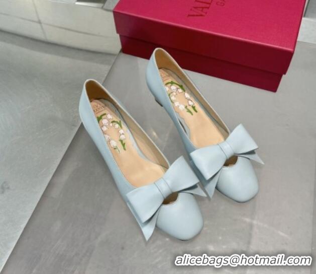 Duplicate Valentino Bowow Low Heel Pumps 5cm in Calfskin Leather Pale Blue 1226036