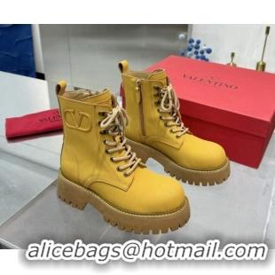 Good Looking Valentino VLogo Calfskin Leather Laced-up Platform Ankle Boots Yellow 1226040