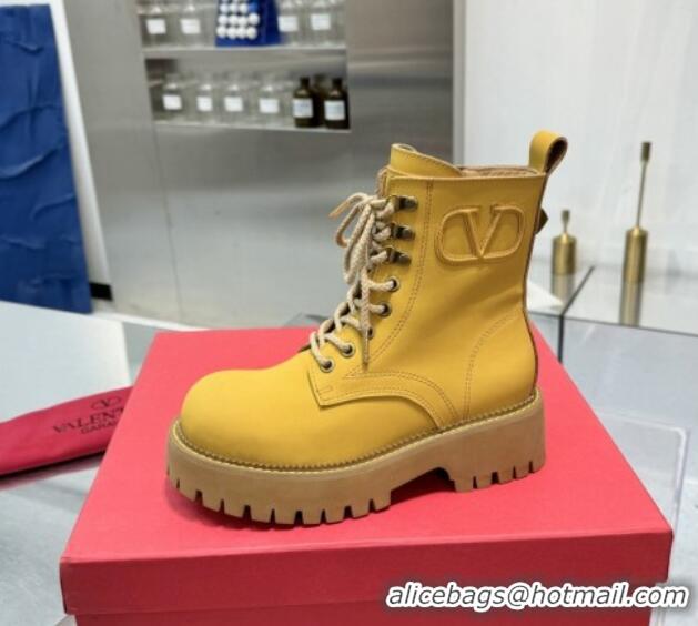 Good Looking Valentino VLogo Calfskin Leather Laced-up Platform Ankle Boots Yellow 1226040