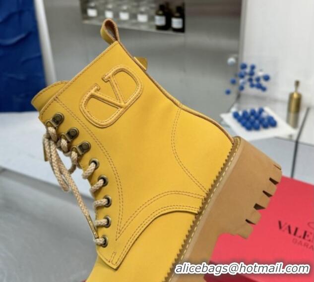 Good Looking Valentino VLogo Calfskin Leather Laced-up Platform Ankle Boots Yellow 1226040