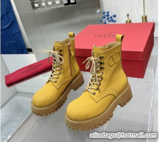 Good Looking Valentino VLogo Calfskin Leather Laced-up Platform Ankle Boots Yellow 1226040