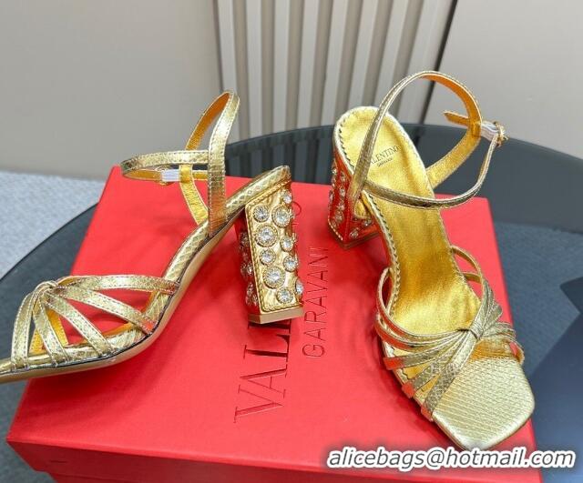 Shop Duplicate Valentino Preshoes Heel Sandals 10cm in Laminated Snakeskin Embossed Leather with Strass Gold 1226042