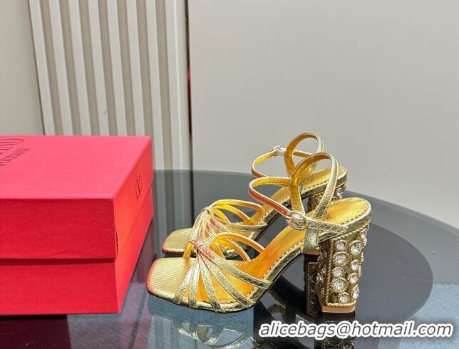 Shop Duplicate Valentino Preshoes Heel Sandals 10cm in Laminated Snakeskin Embossed Leather with Strass Gold 1226042