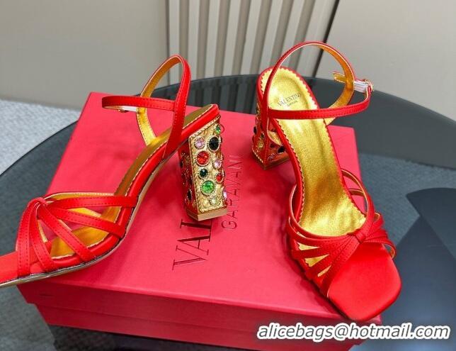 Classic Hot Valentino Preshoes Satin Heel Sandals 10cm with Strass Red 1226047