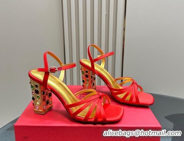 Classic Hot Valentino Preshoes Satin Heel Sandals 10cm with Strass Red 1226047