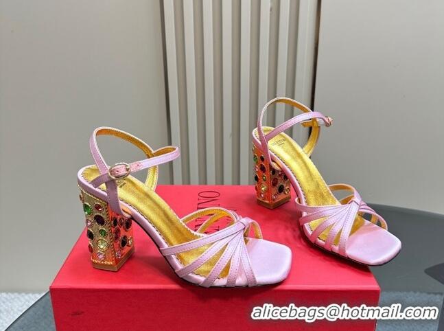 Classic Hot Valentino Preshoes Satin Heel Sandals 10cm with Strass Light Pink 1226049