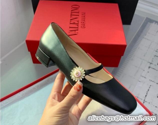 Best Grade Valentino Preshoes Mary-Jane Ballerinas Flat in Calfskin Leather with Jewel Button Black 1226050