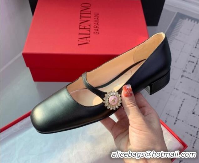 Best Grade Valentino Preshoes Mary-Jane Ballerinas Flat in Calfskin Leather with Jewel Button Black 1226050