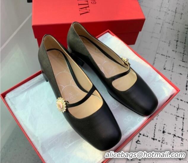 Best Grade Valentino Preshoes Mary-Jane Ballerinas Flat in Calfskin Leather with Jewel Button Black 1226050