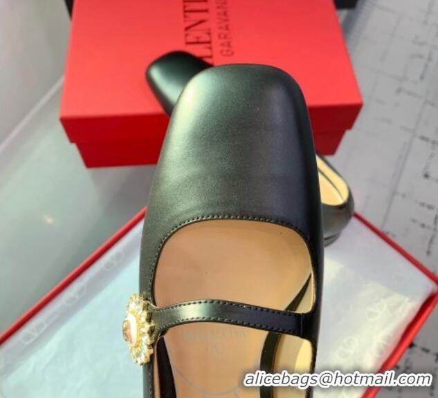 Best Grade Valentino Preshoes Mary-Jane Ballerinas Flat in Calfskin Leather with Jewel Button Black 1226050