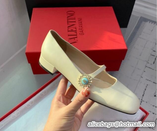 Luxurious Valentino Preshoes Mary-Jane Ballerinas Flat in Calfskin Leather with Jewel Button White 1226051