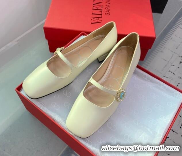 Luxurious Valentino Preshoes Mary-Jane Ballerinas Flat in Calfskin Leather with Jewel Button White 1226051