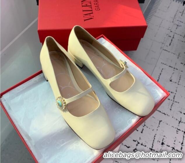 Luxurious Valentino Preshoes Mary-Jane Ballerinas Flat in Calfskin Leather with Jewel Button White 1226051