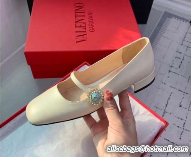 Luxurious Valentino Preshoes Mary-Jane Ballerinas Flat in Calfskin Leather with Jewel Button White 1226051