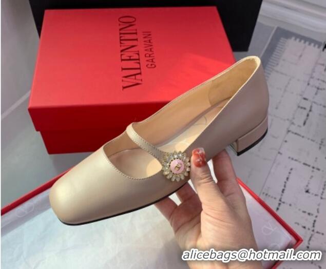 Big Discount Valentino Preshoes Mary-Jane Ballerinas Flat in Calfskin Leather with Jewel Button Dusty Pink 1226052