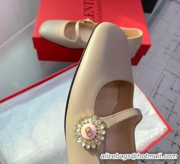 Big Discount Valentino Preshoes Mary-Jane Ballerinas Flat in Calfskin Leather with Jewel Button Dusty Pink 1226052