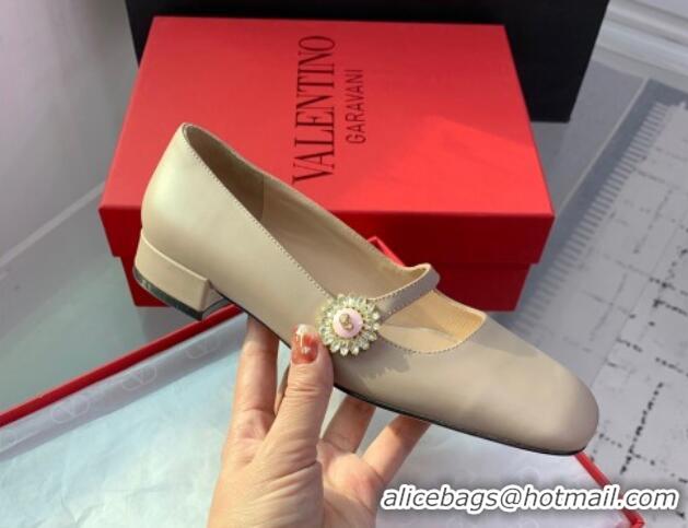 Big Discount Valentino Preshoes Mary-Jane Ballerinas Flat in Calfskin Leather with Jewel Button Dusty Pink 1226052