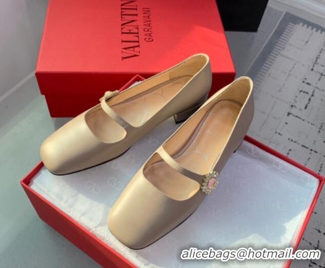 Big Discount Valentino Preshoes Mary-Jane Ballerinas Flat in Calfskin Leather with Jewel Button Dusty Pink 1226052