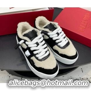 Good Quality Valentino One Stud Platform Sneakers in Calfskin and Shearling Black 1226054