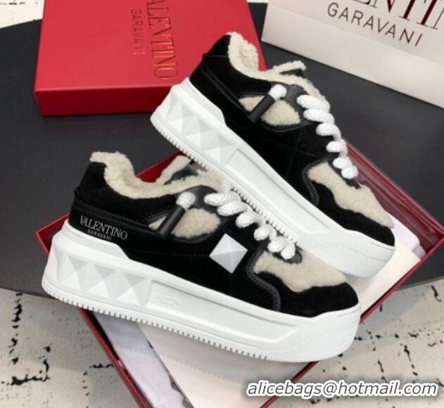 Good Quality Valentino One Stud Platform Sneakers in Calfskin and Shearling Black 1226054