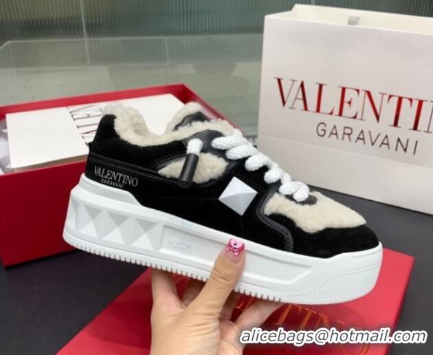 Good Quality Valentino One Stud Platform Sneakers in Calfskin and Shearling Black 1226054