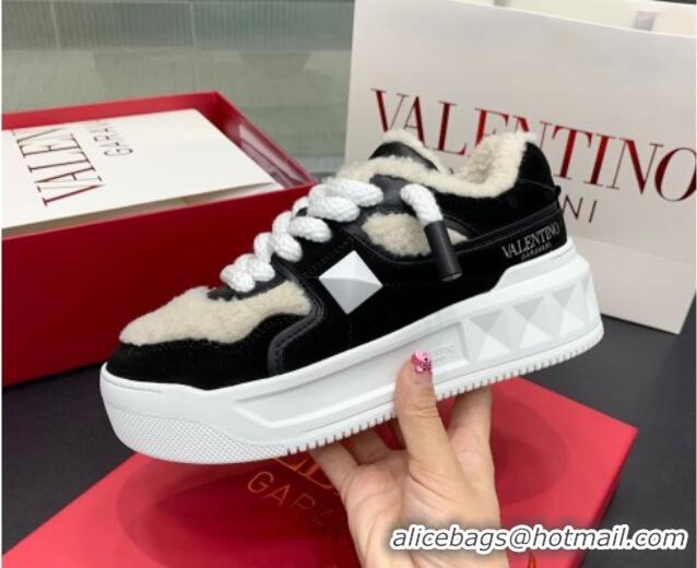 Good Quality Valentino One Stud Platform Sneakers in Calfskin and Shearling Black 1226054